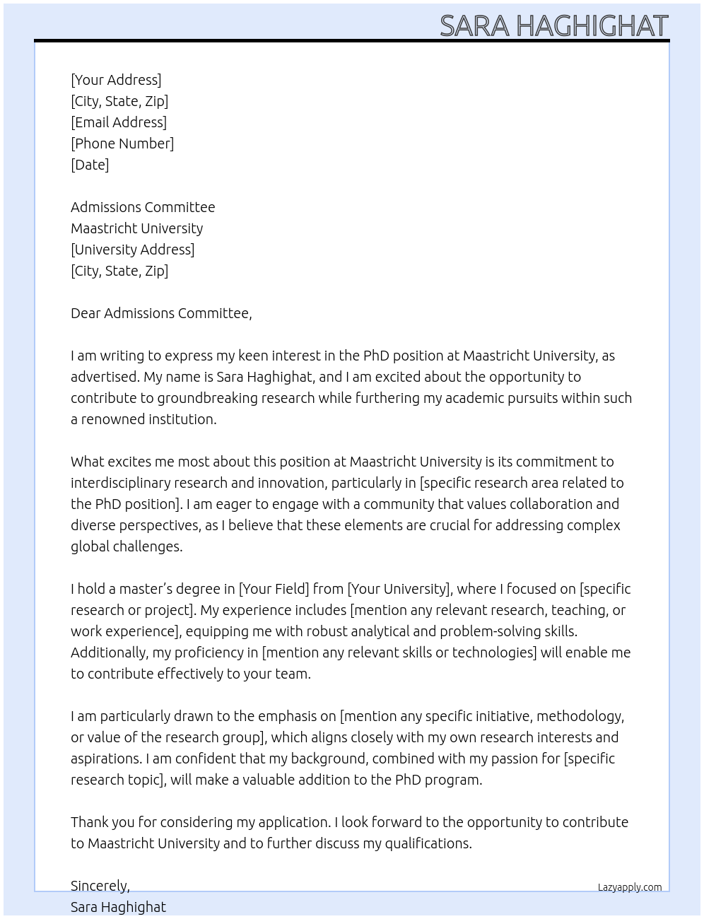 Cover letter for phd - LazyApply