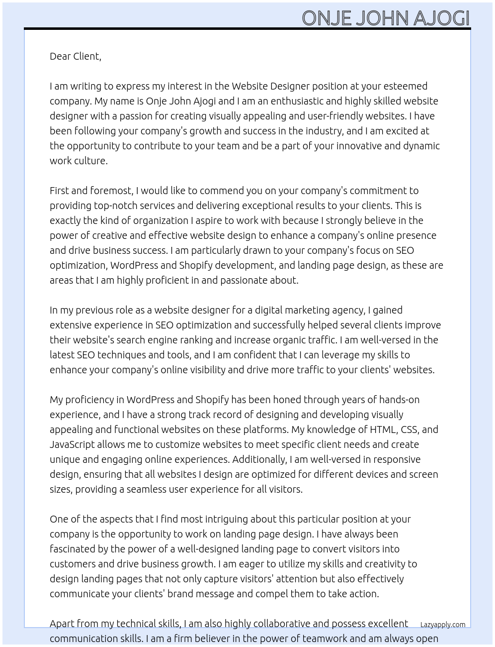 Website Designer At Clinet Cover Letter