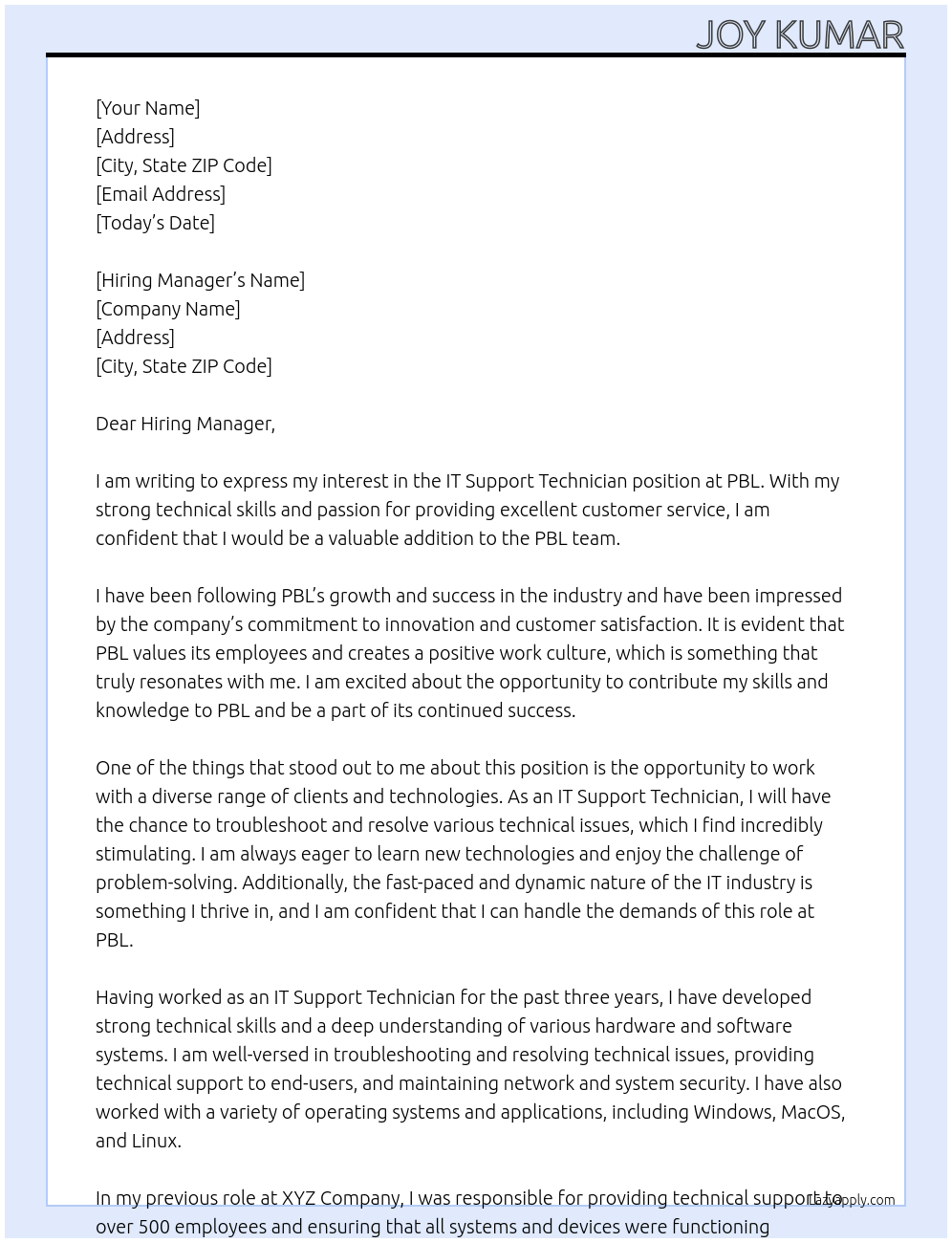 IT Support Technician At PBL. Cover Letter