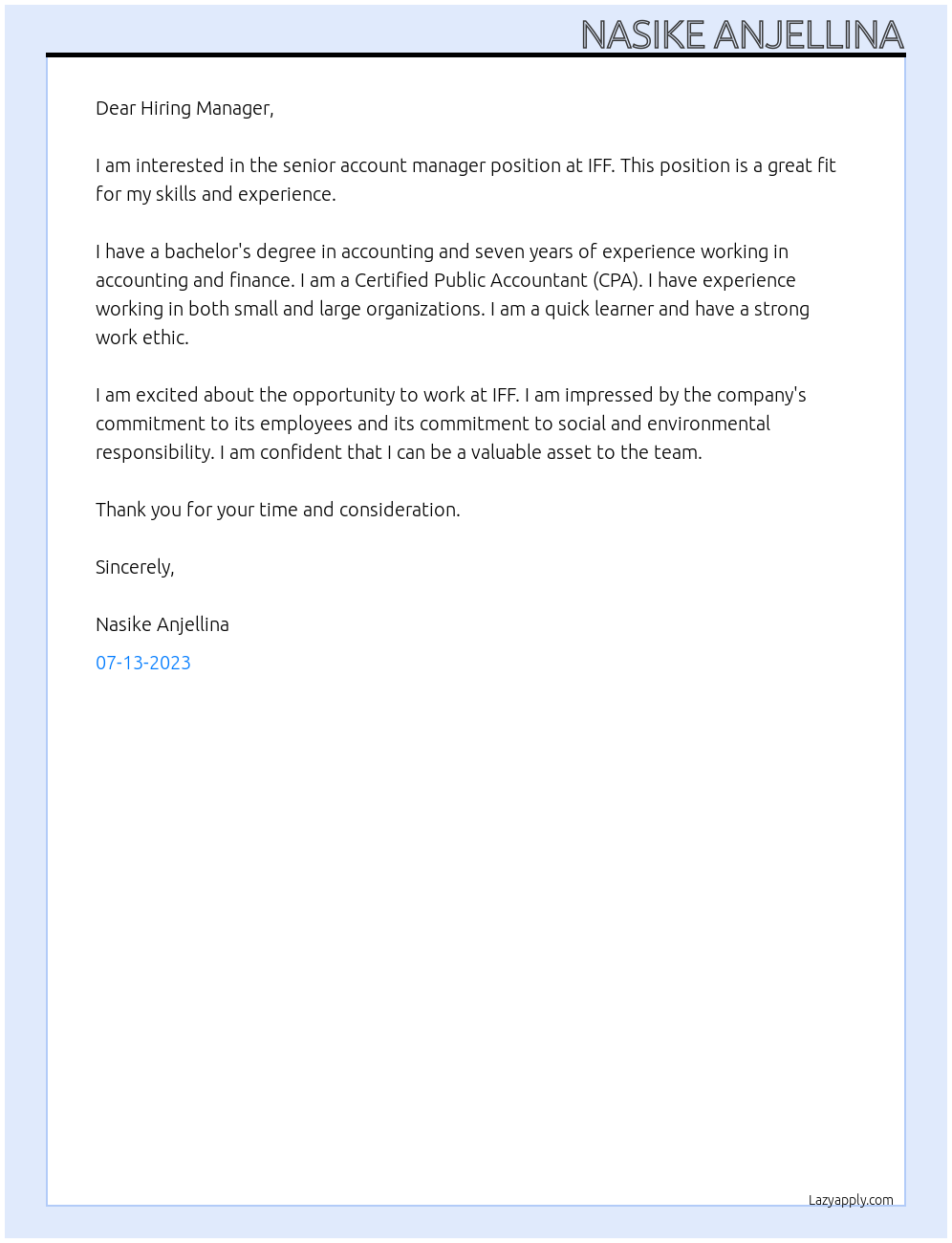 senior account manager At IFF Cover Letter