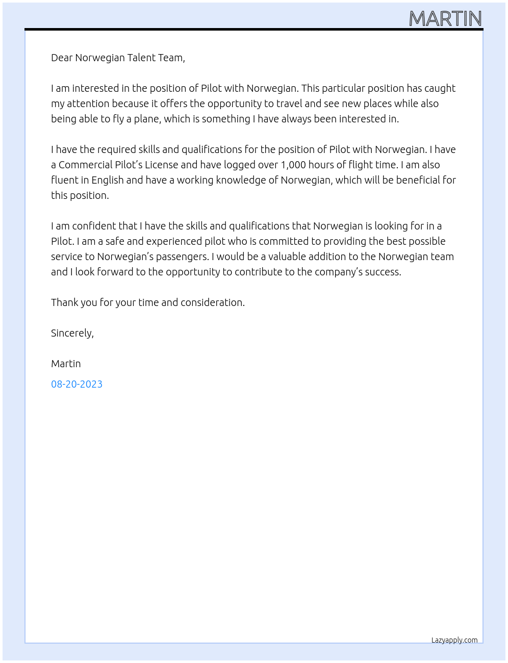 Pilot At Norwegian Cover Letter