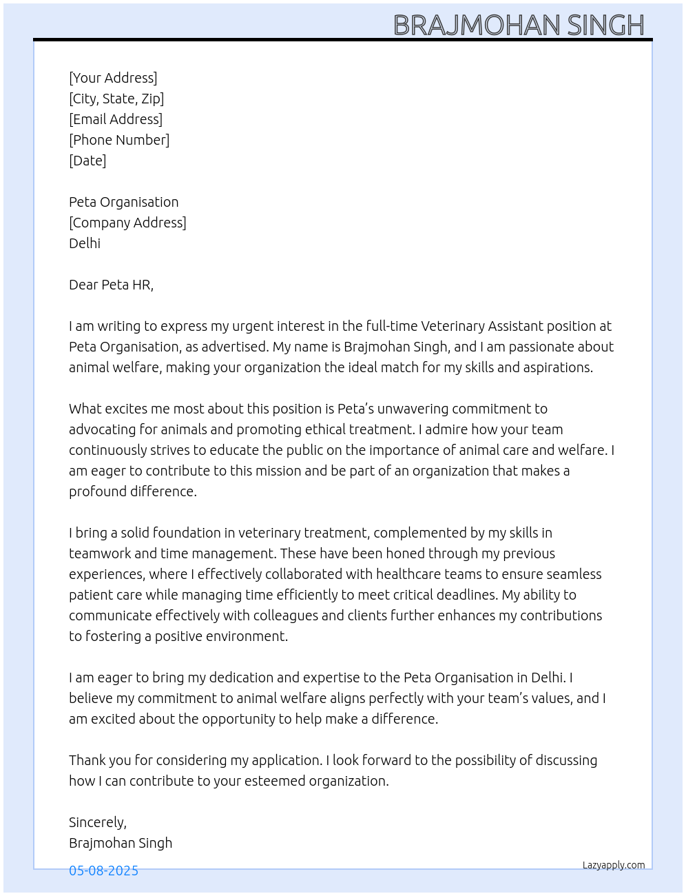 Veterinary assistant At Peta organisation Cover Letter