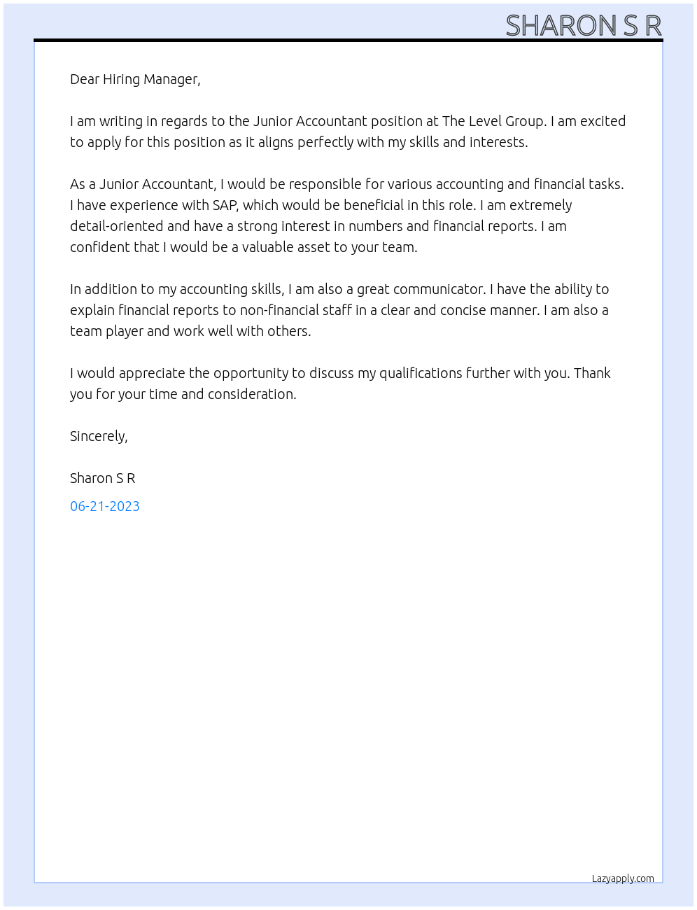 Junior Accountant  At The level group  Cover Letter