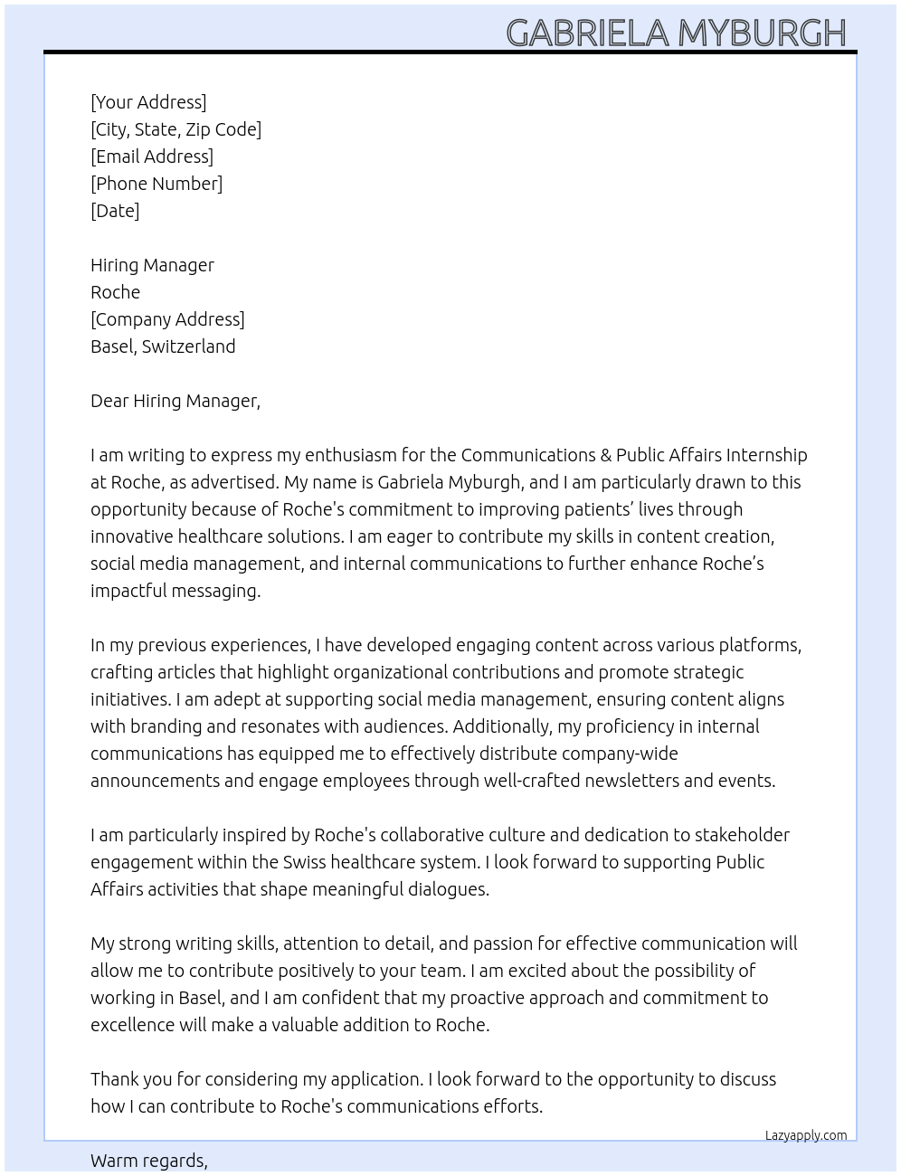 Communications & Public Affairs Internship At Roche  Cover Letter
