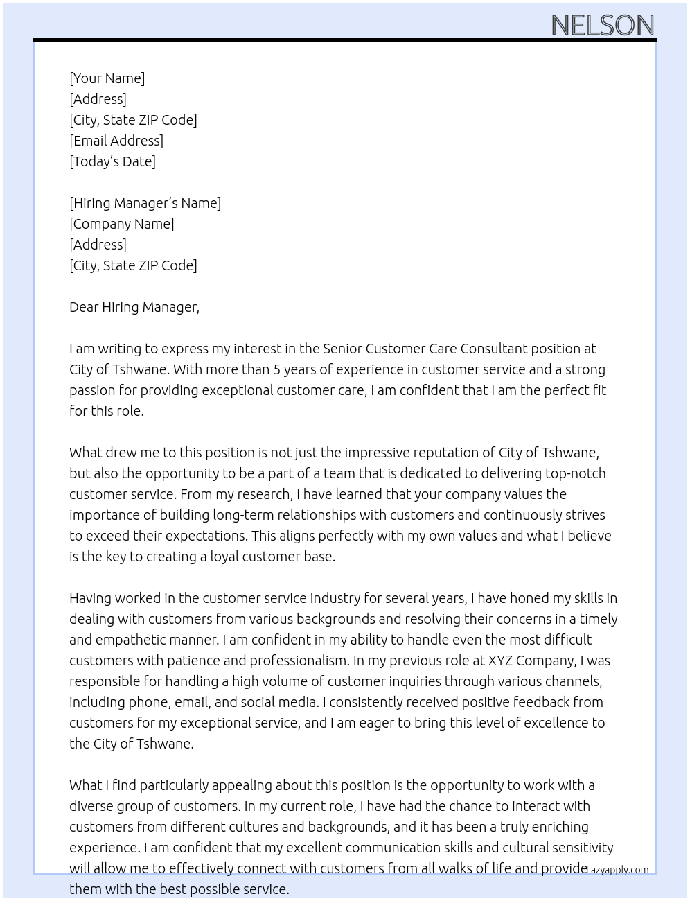 SENIOR CUSTOMER CARE CONSULTANT At City of Tshwane Cover Letter