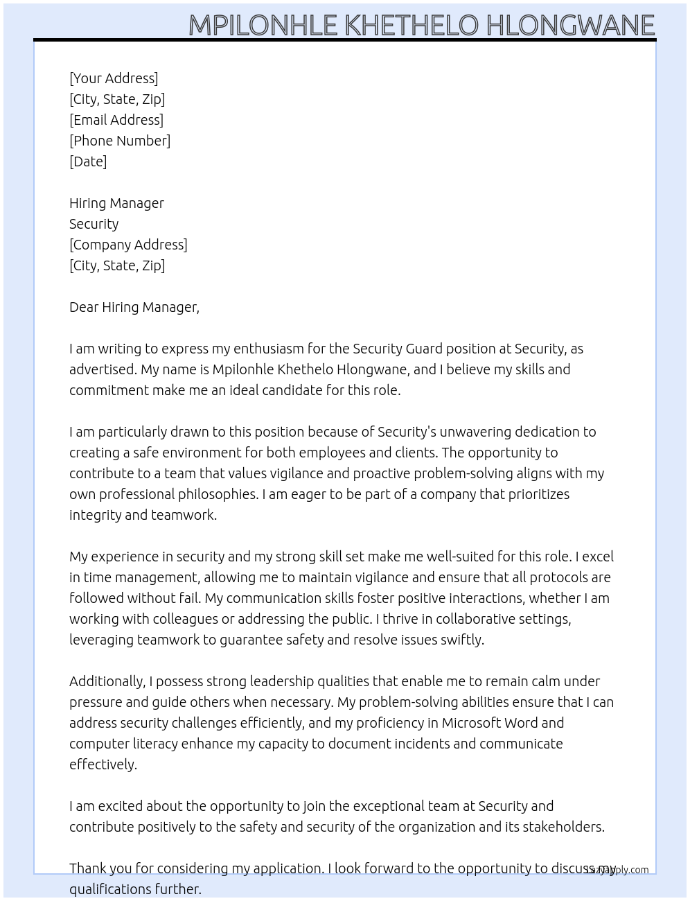 Security guard At Security Cover Letter