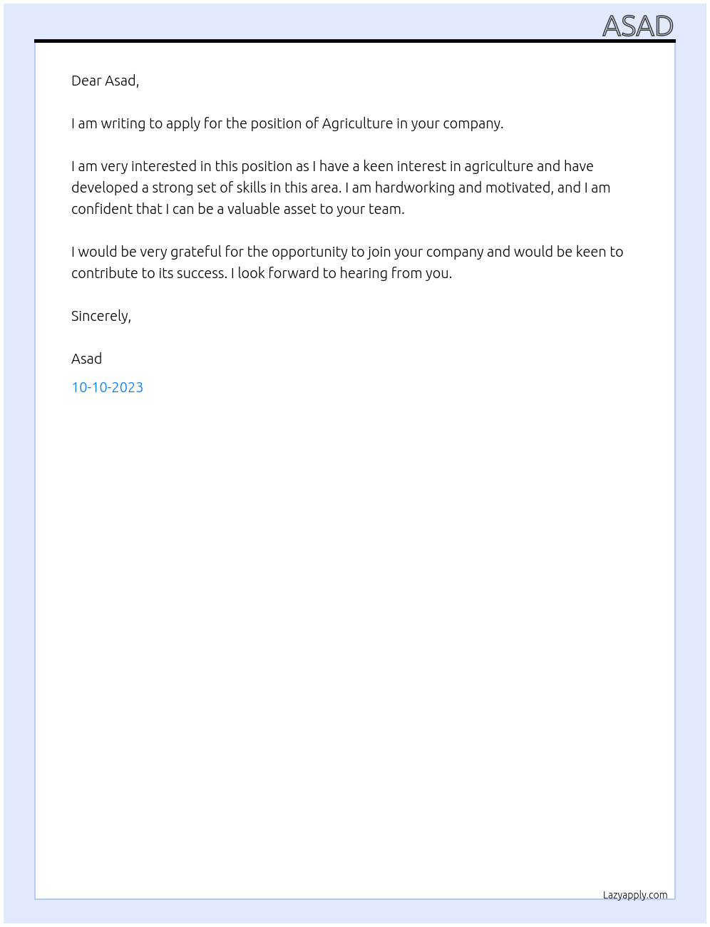 agriculture At asad Cover Letter