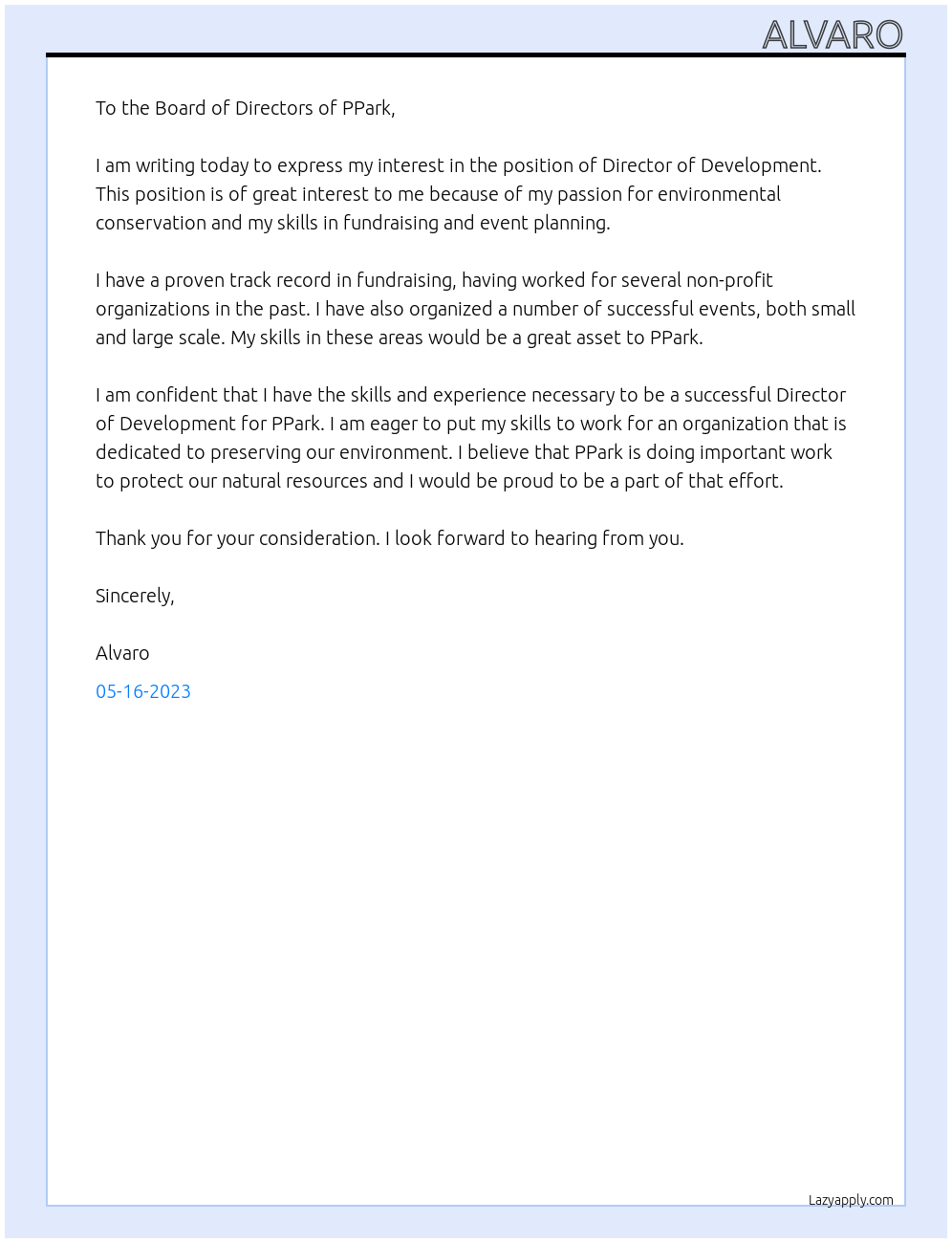 Director of Development At PPark Cover Letter