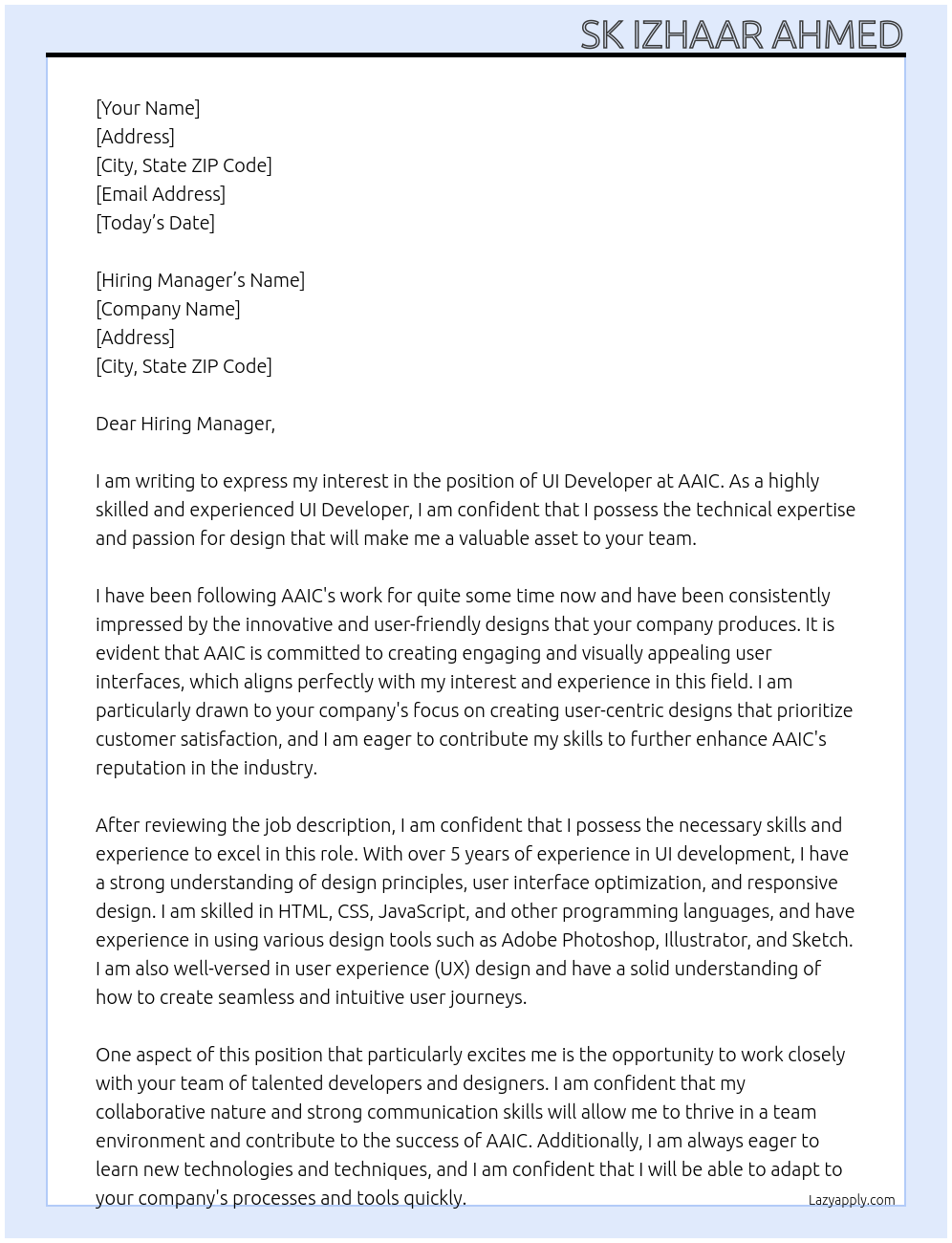 UI Developer At AAIC Cover Letter