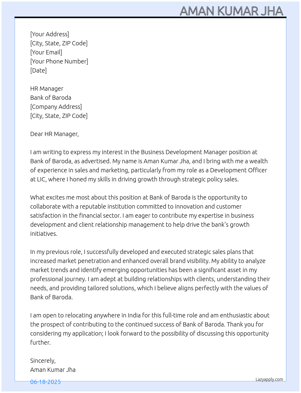 Business development manager At Bank of Baroda Cover Letter