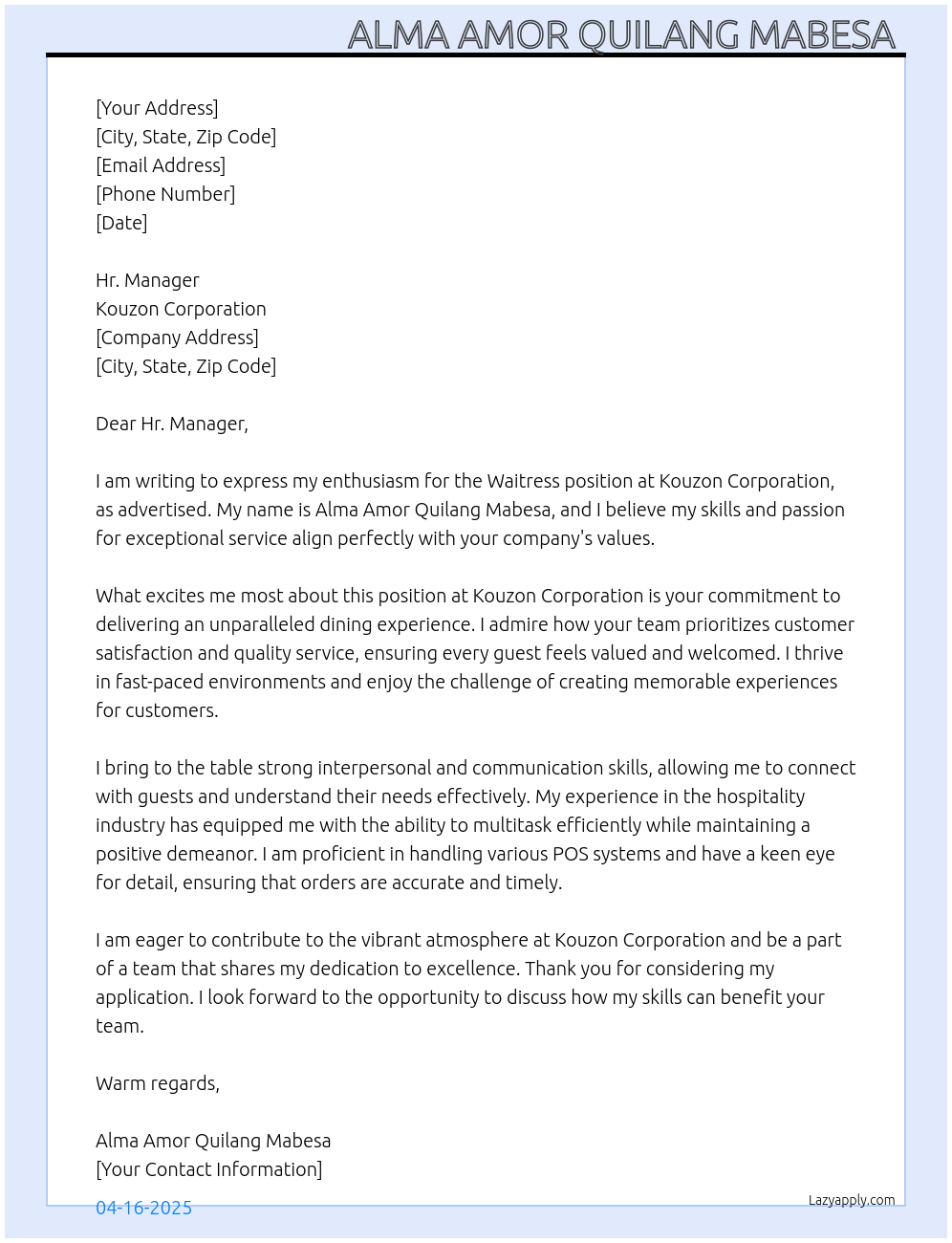 Waitress  At Kouzon Corporation  Cover Letter