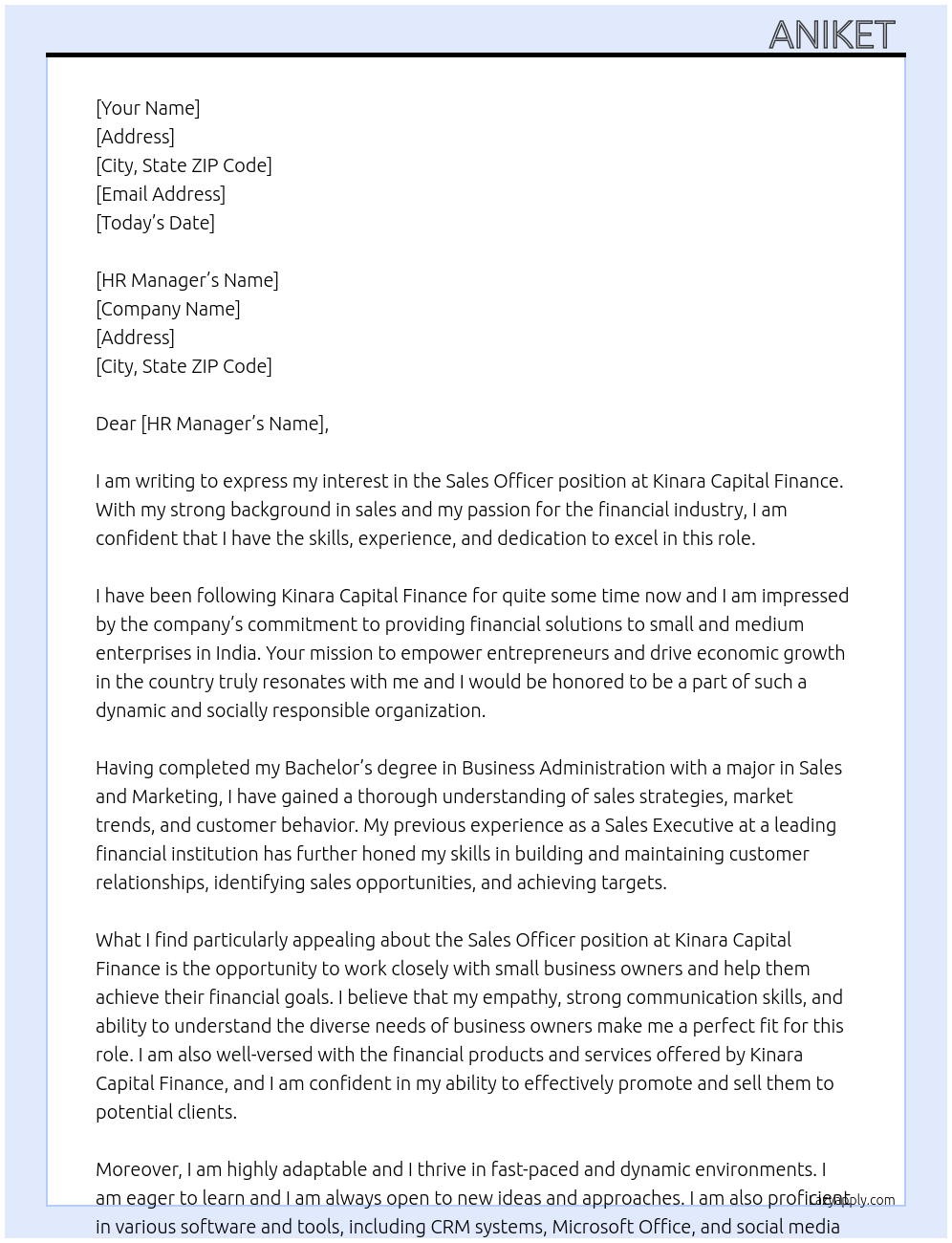 Sales Officer At Kinara Capital Finance Cover Letter