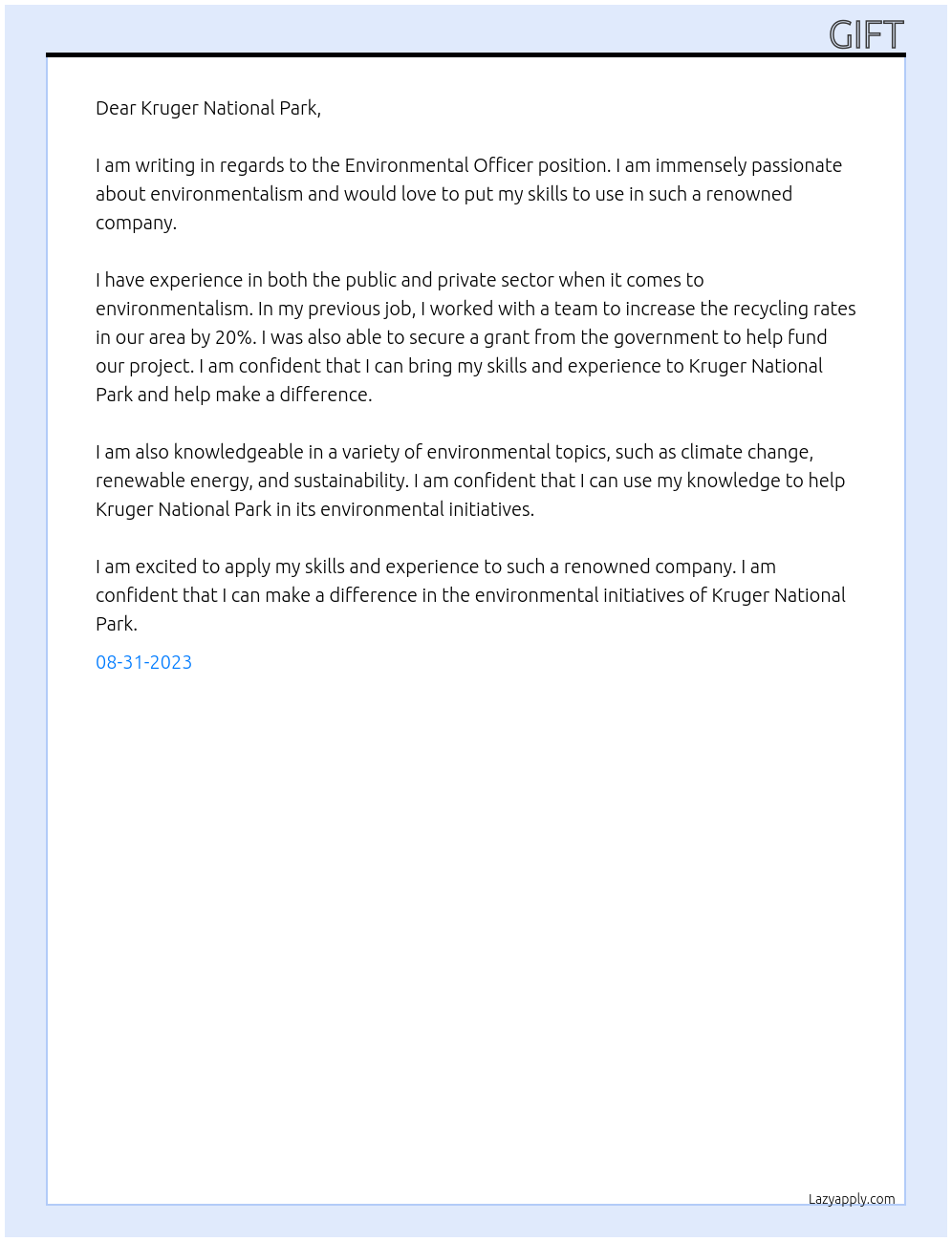 Environmental Officer At Kruger National Park Cover Letter