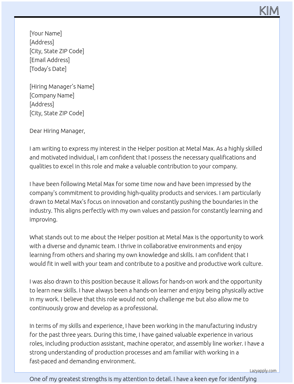 Helper At Metal Max Cover Letter