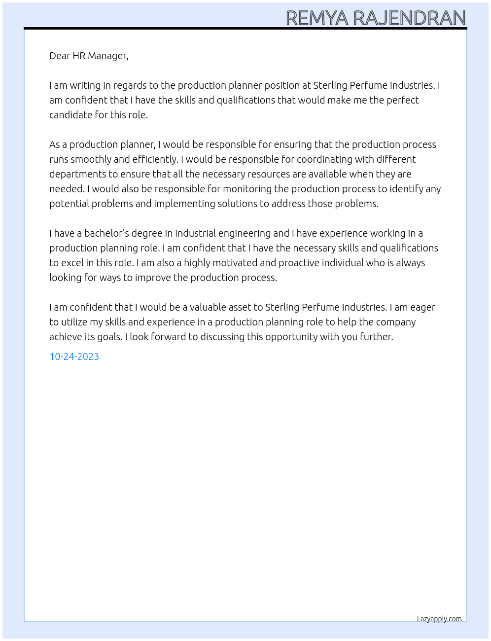 production planner At sterling perfume industries Cover Letter