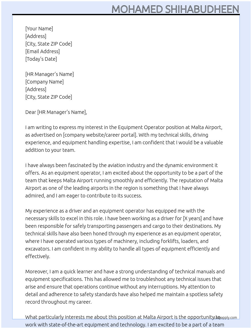 Equipment operator At Malta airport Cover Letter