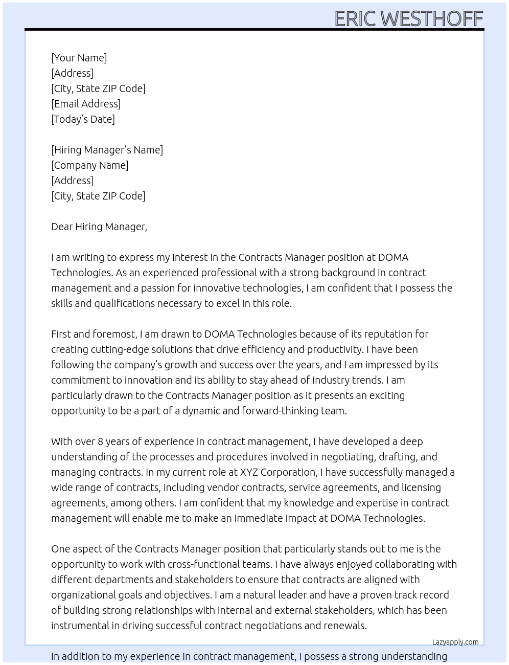 Contracts Manager At DOMA Technologies Cover Letter