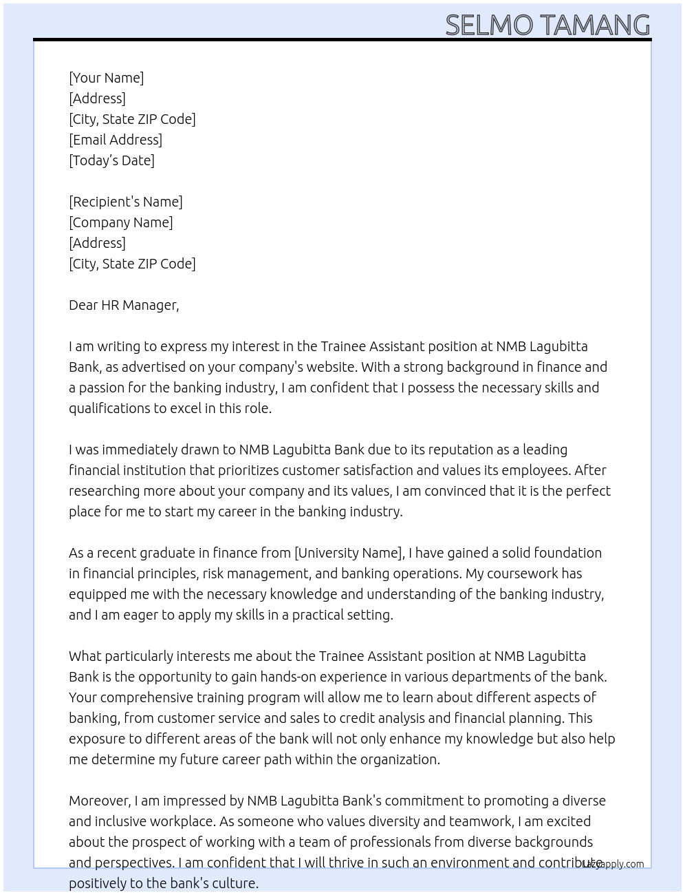 Trainee assistant At NMB Lagubitta bank Cover Letter