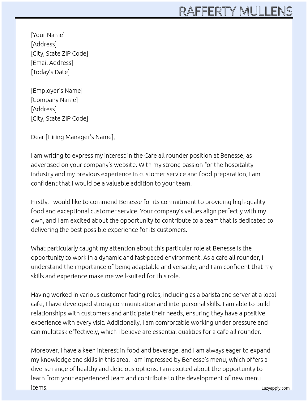 Cafe all rounder At Benesse Cover Letter