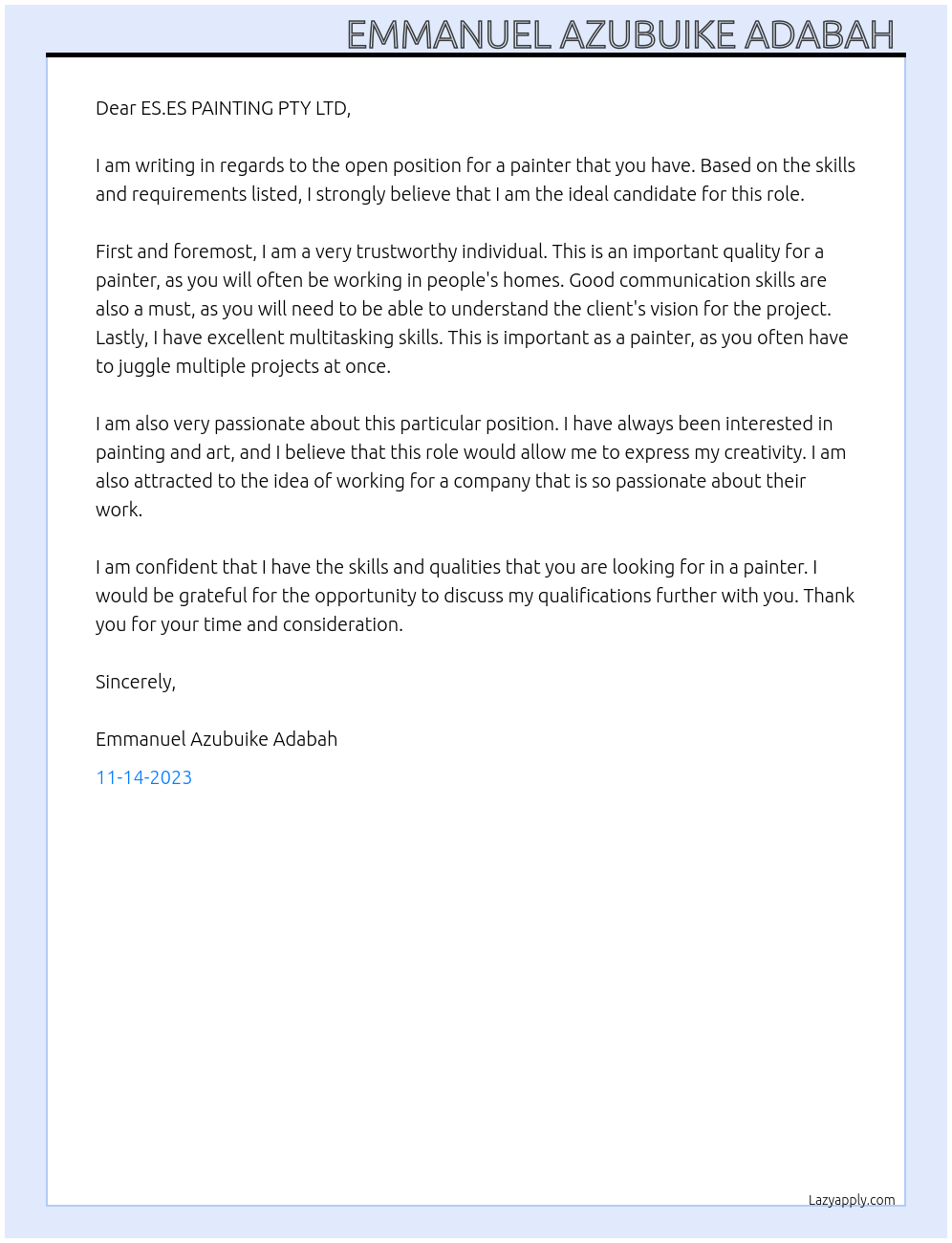 Painter At ES.ES PAINTING PTY LTD Cover Letter