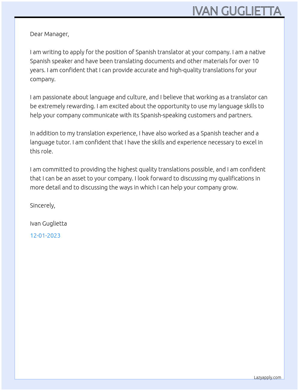 Spanish translator At your company Cover Letter