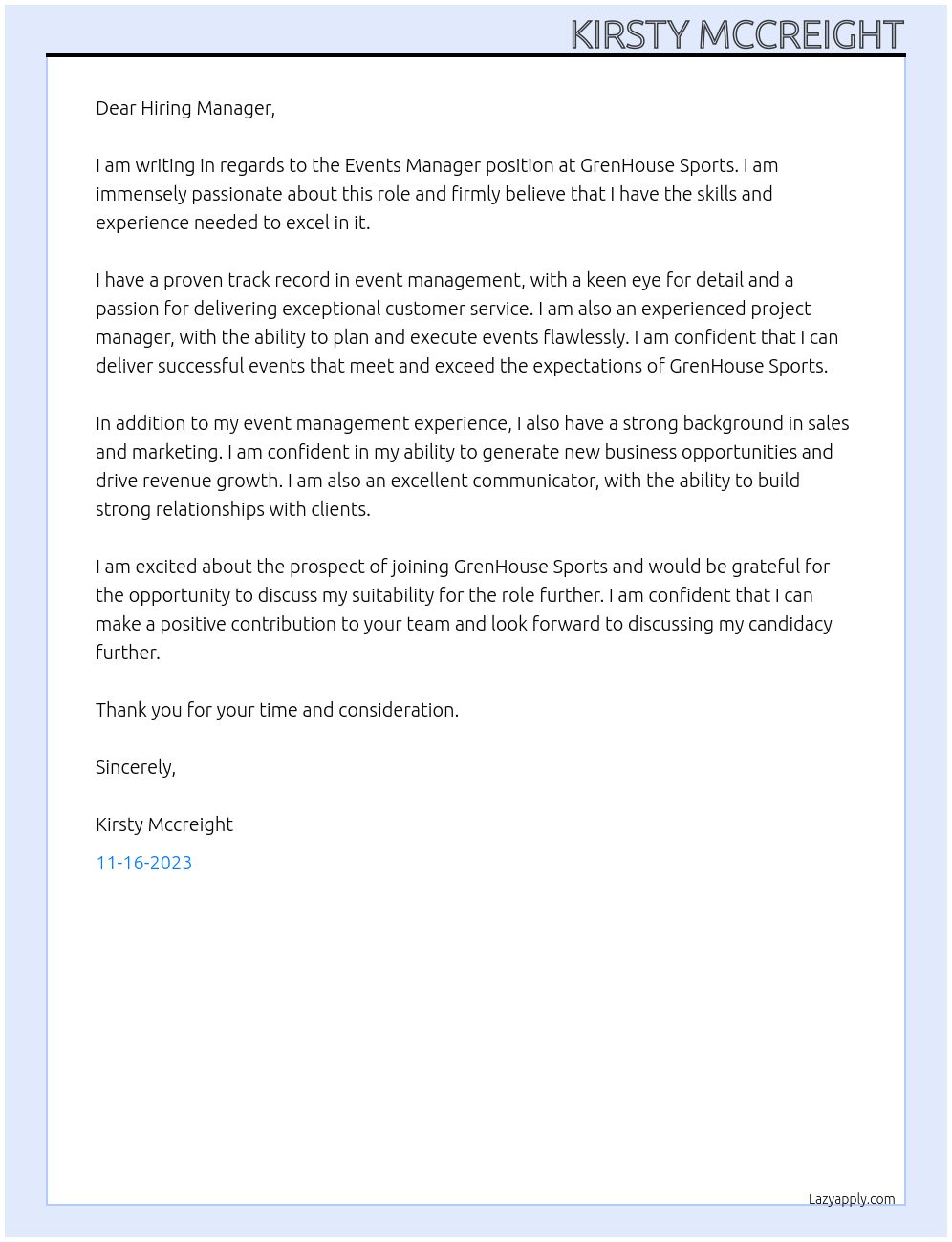Events Manager At GrenHouse Sports Cover Letter