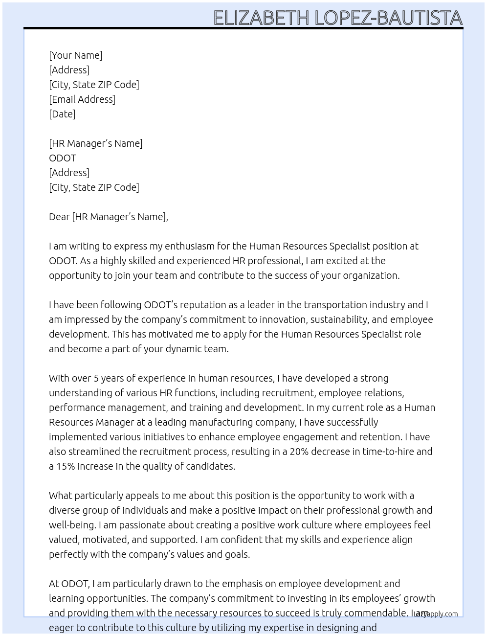 Human Resources Specialist At ODOT Cover Letter