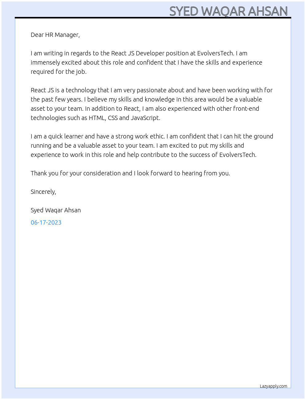 React JS Developer At EvolversTech Cover Letter