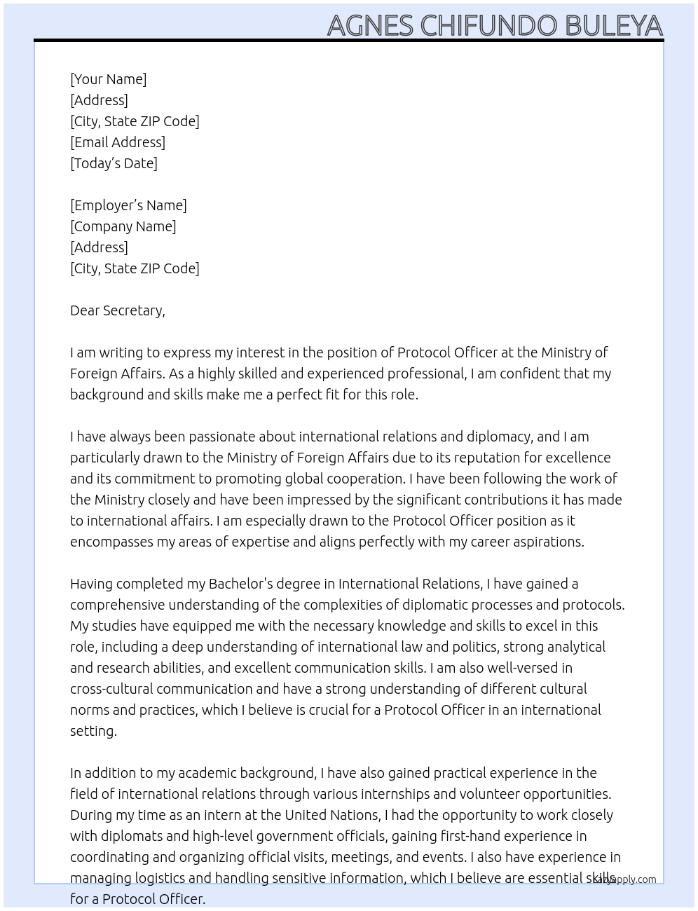 Protocol Officer  At Ministry of Foreign Affairs Cover Letter