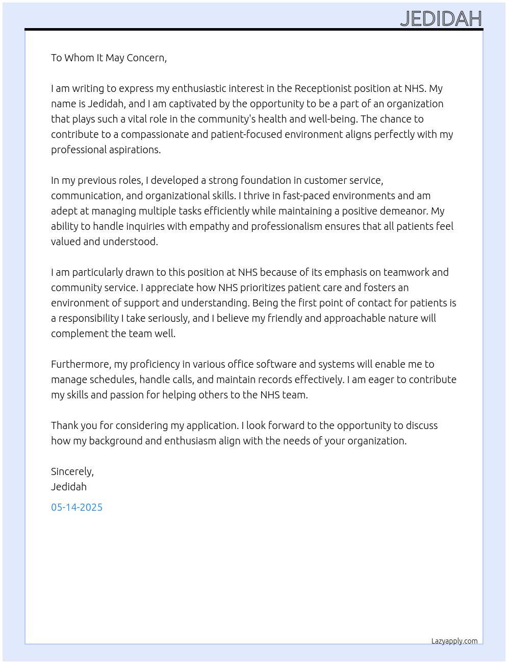 receptionist At NHS Cover Letter