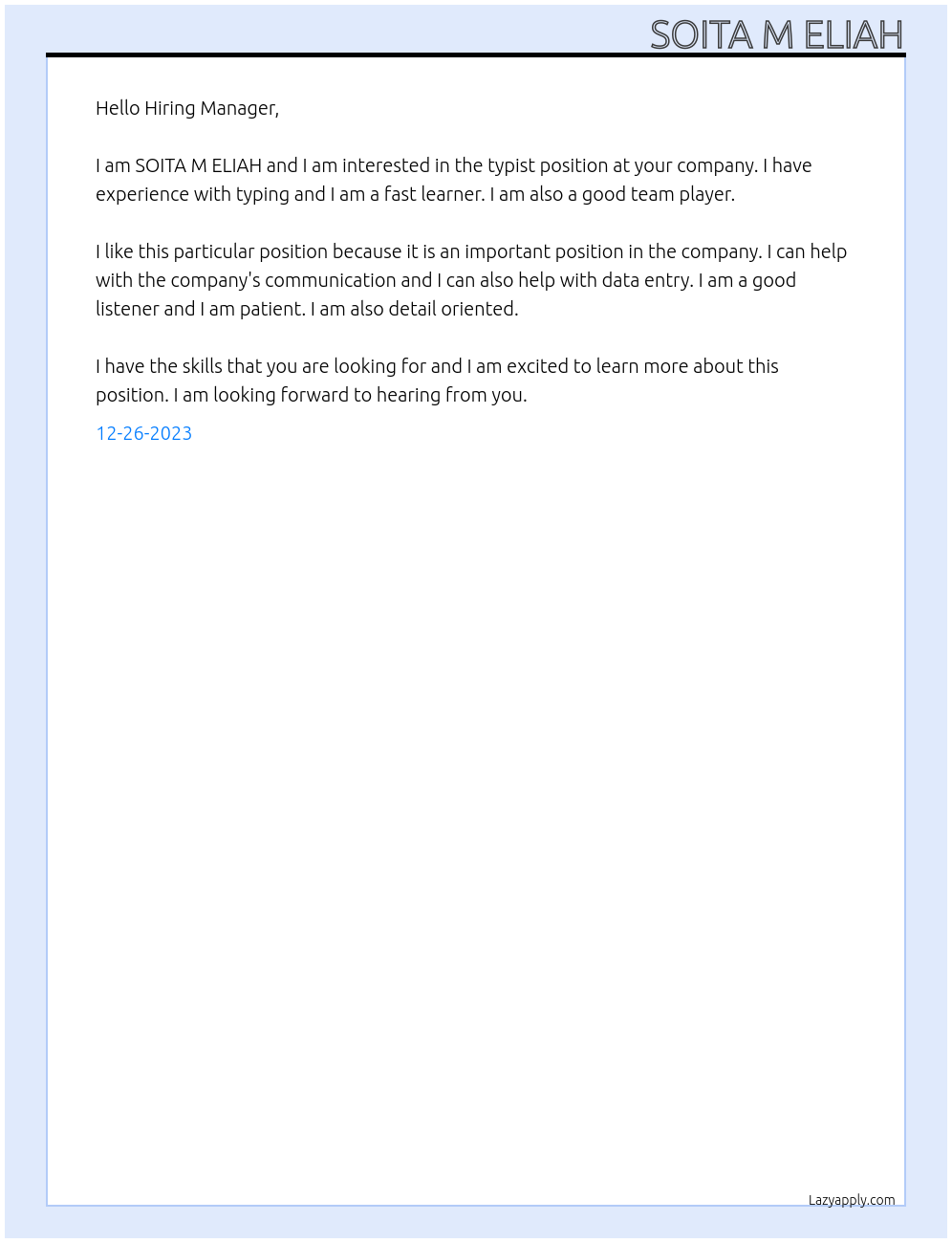 Typist At SOITA M ELIAH Cover Letter