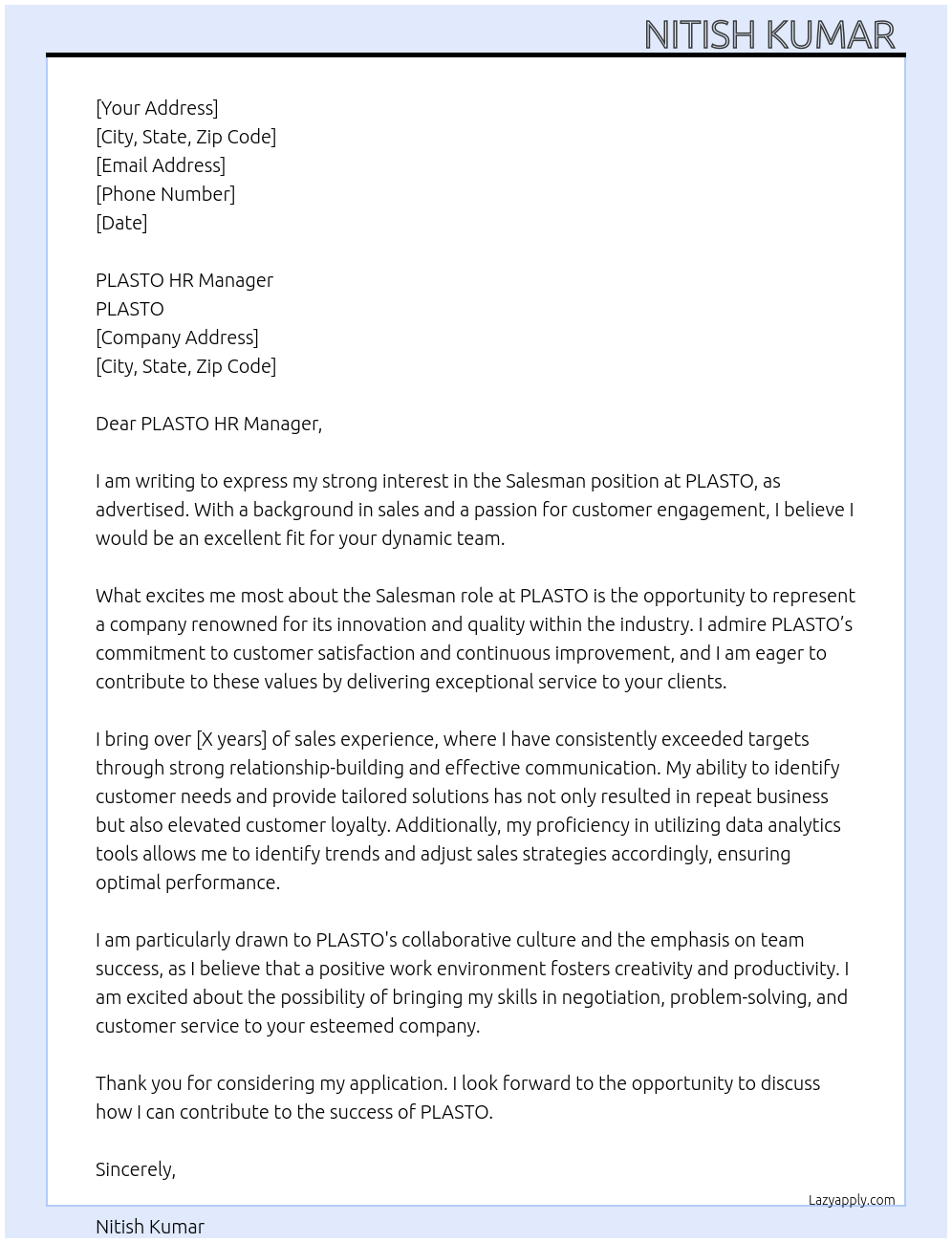 Cover letter for salesman - LazyApply