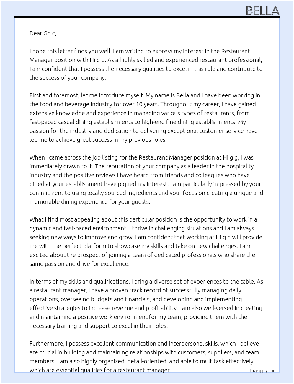 Restaurant Manager At Hi g g Cover Letter