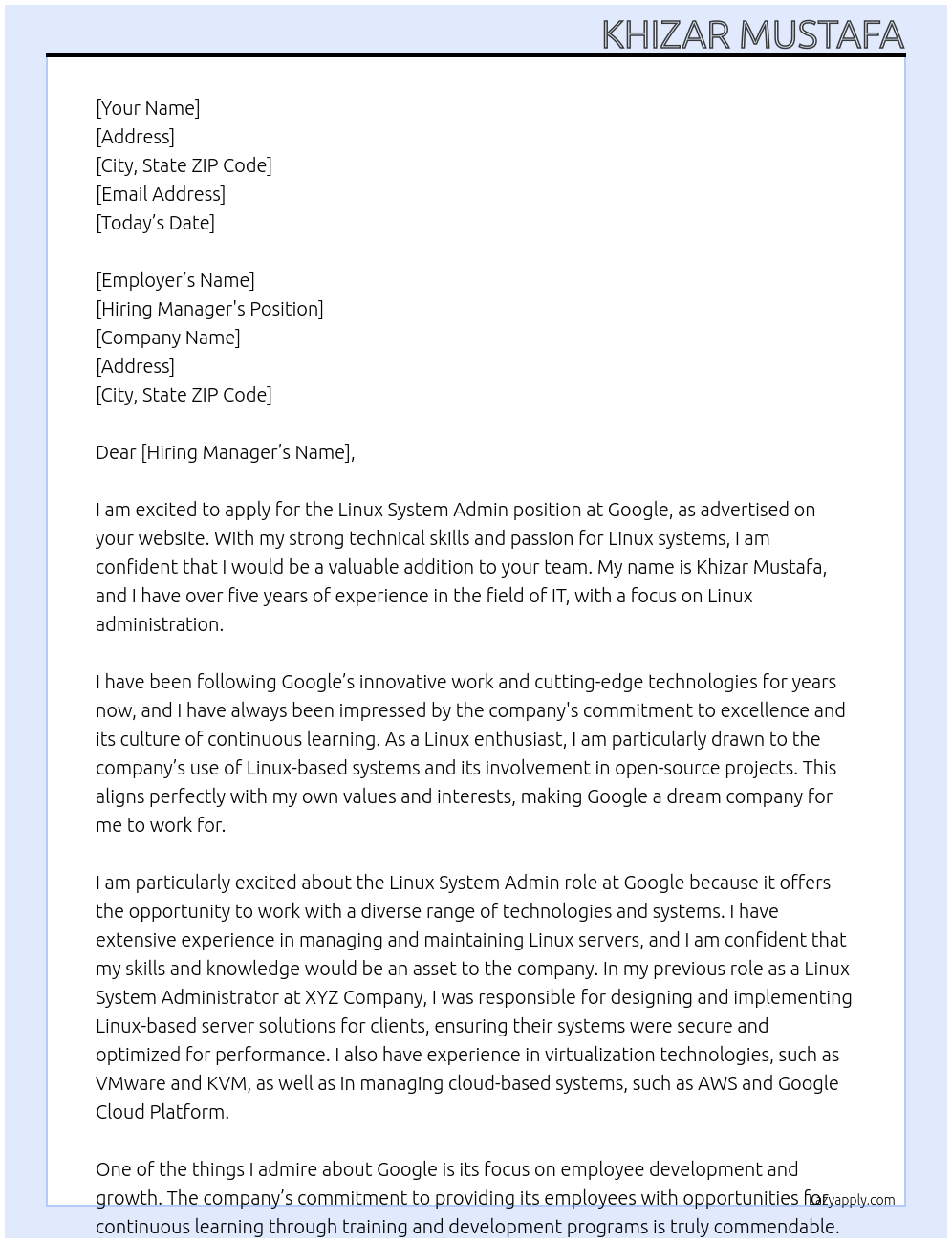 Linux system admin At google Cover Letter