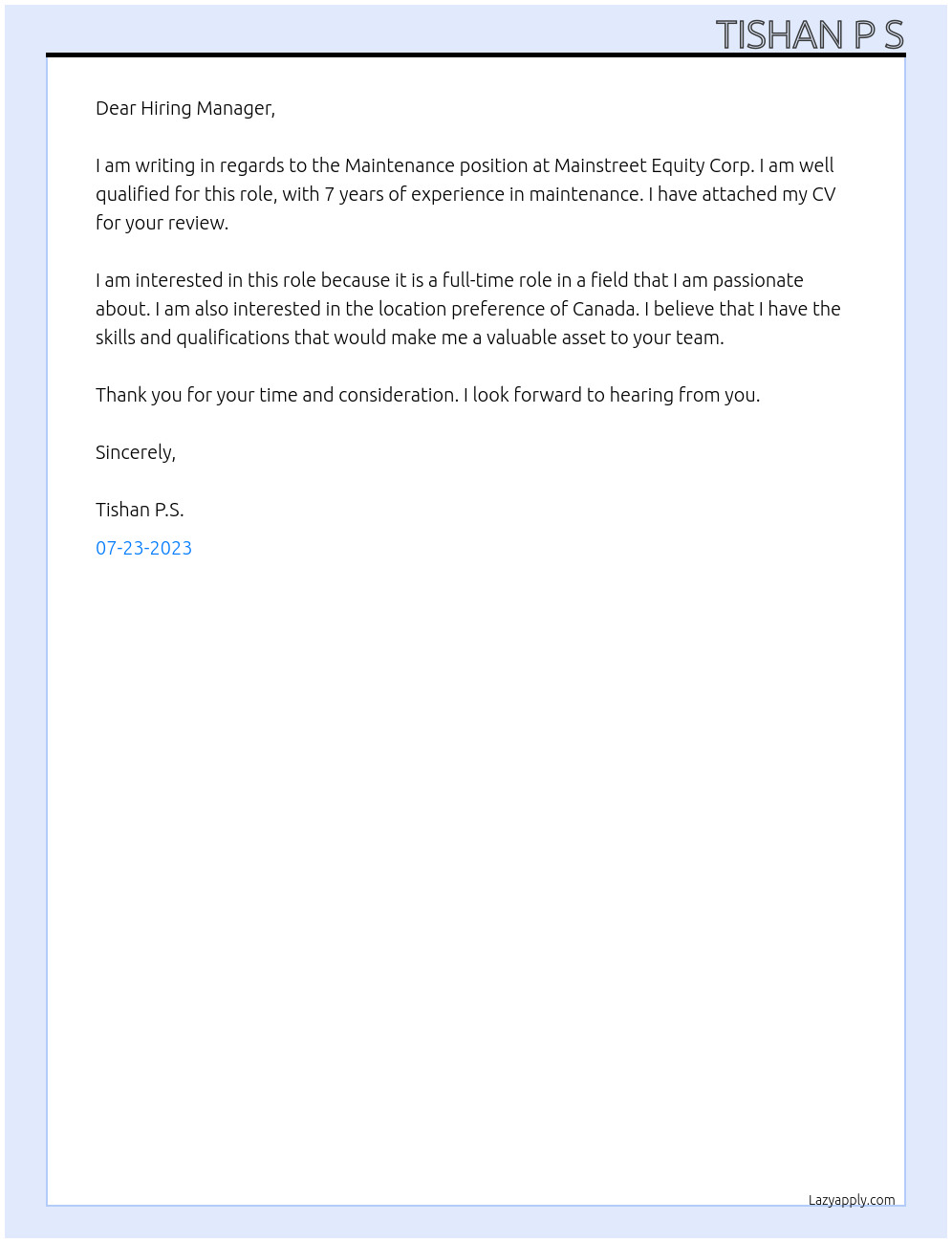 Maintenance  At Mainstreet equity corp Cover Letter