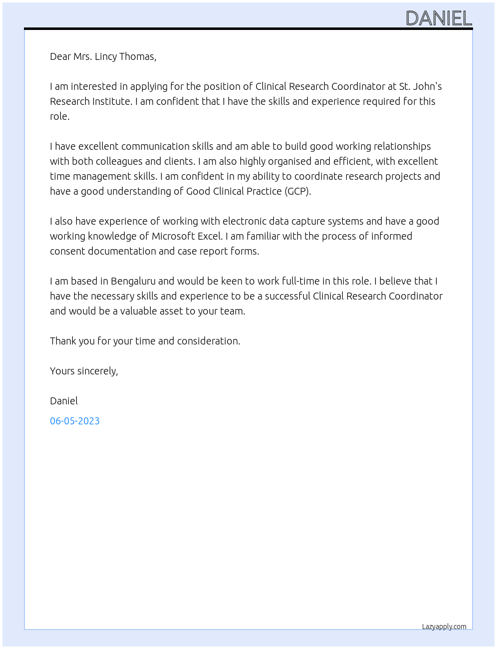 Clinical Research Coordinator At St. John's Research Institute Cover Letter