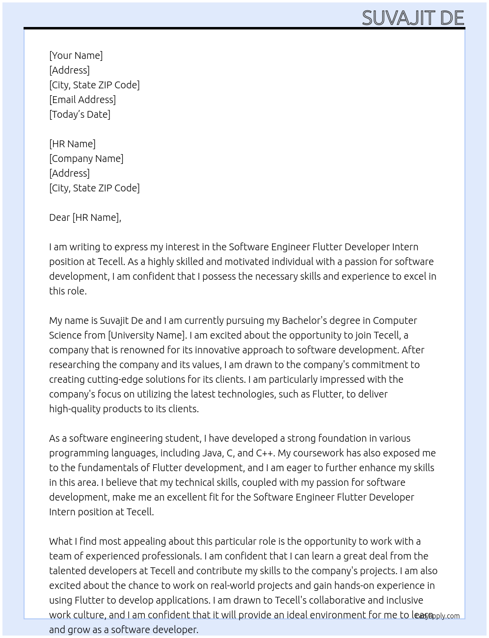 Cover letter for software engineer flutter devoloper intern - LazyApply