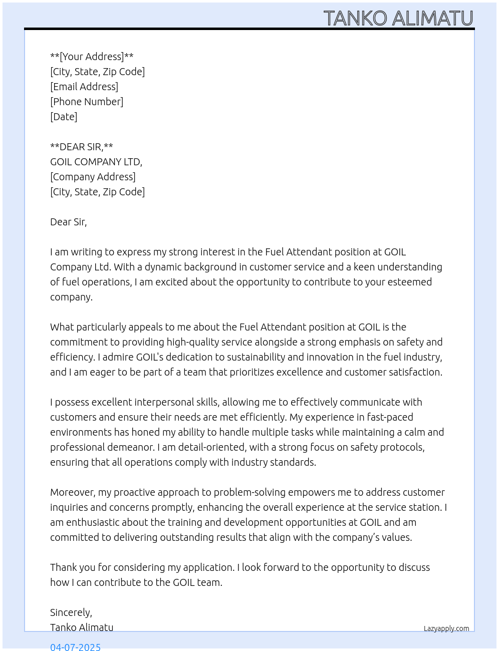 FUEL ATTENDANT At GOIL COMPANY LTD Cover Letter