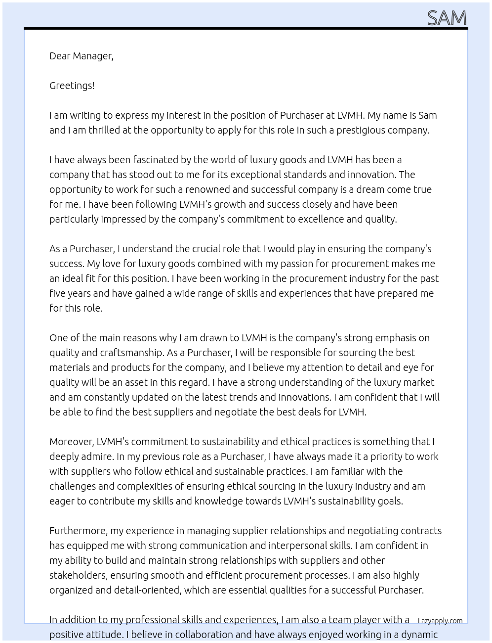 purchaser At lvmh Cover Letter