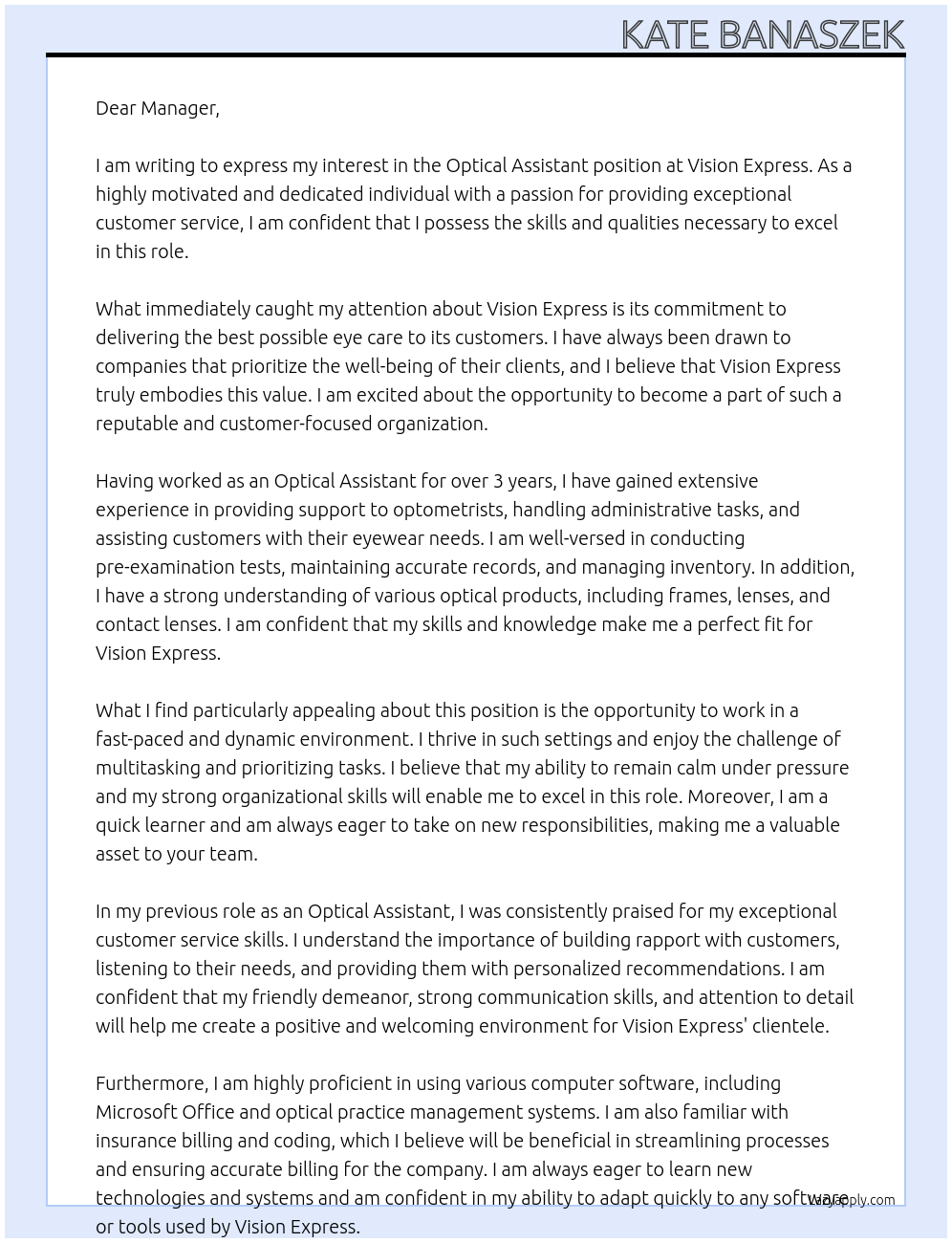 Optical Assistant At Vision Express Cover Letter