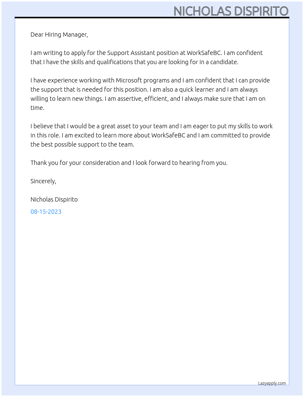 Support Assistant At WorkSafeBC Cover Letter