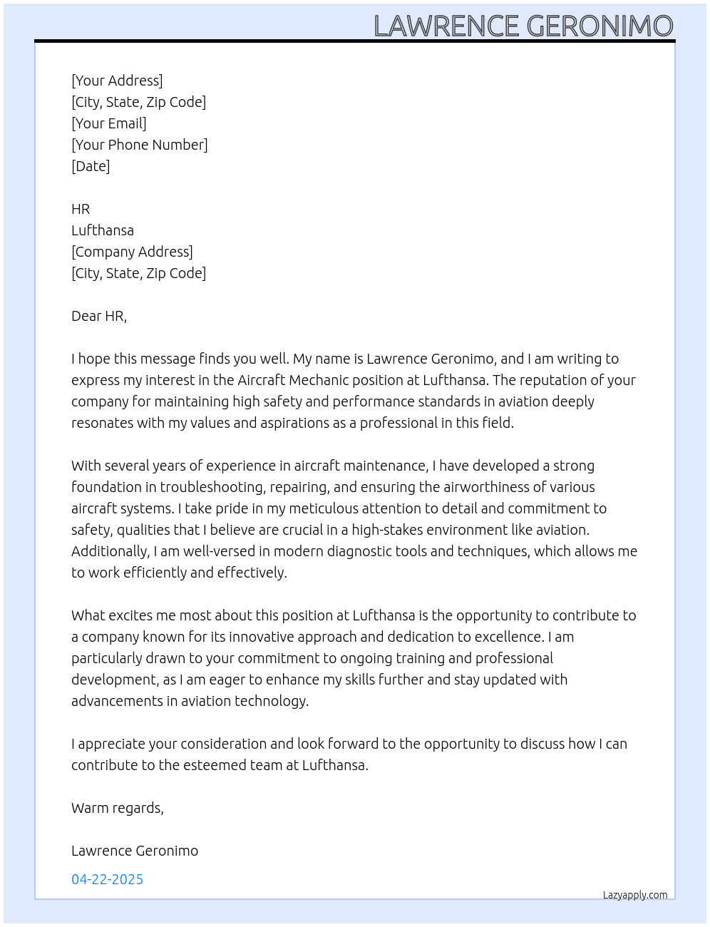 Aircraft Mechanic At Luftthansa Cover Letter