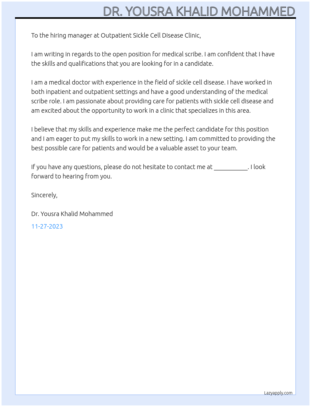 Medical scribe At Outpatient Sickle cell disease clinic Cover Letter