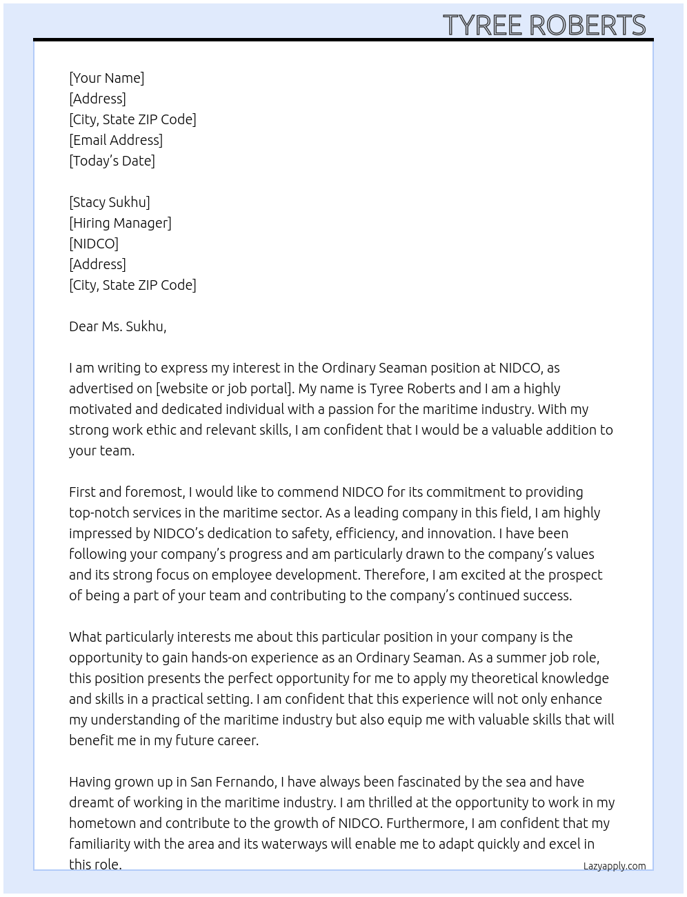 Ordinary Seaman At NIDCO Cover Letter