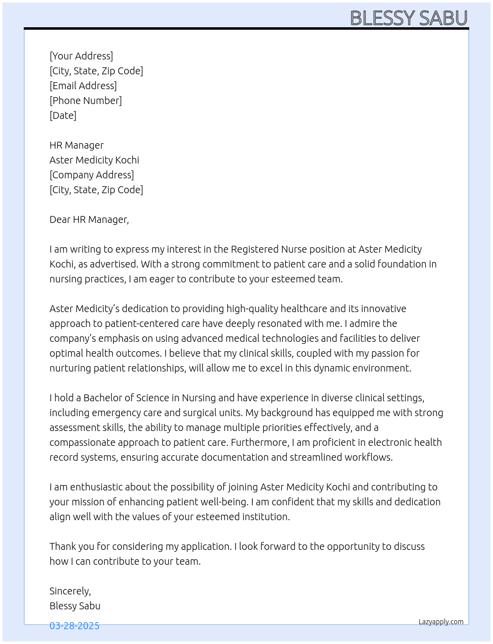 Registered Nurse At Aster Medicity Kochi Cover Letter