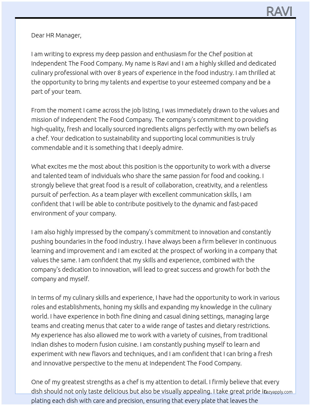 Chef At Independent The food company Cover Letter