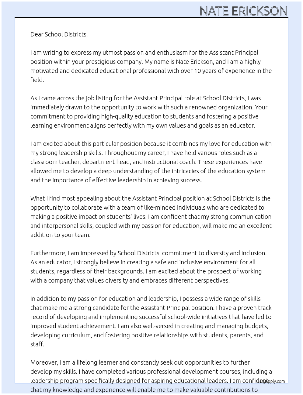 Assistant Principal At School Districts Cover Letter