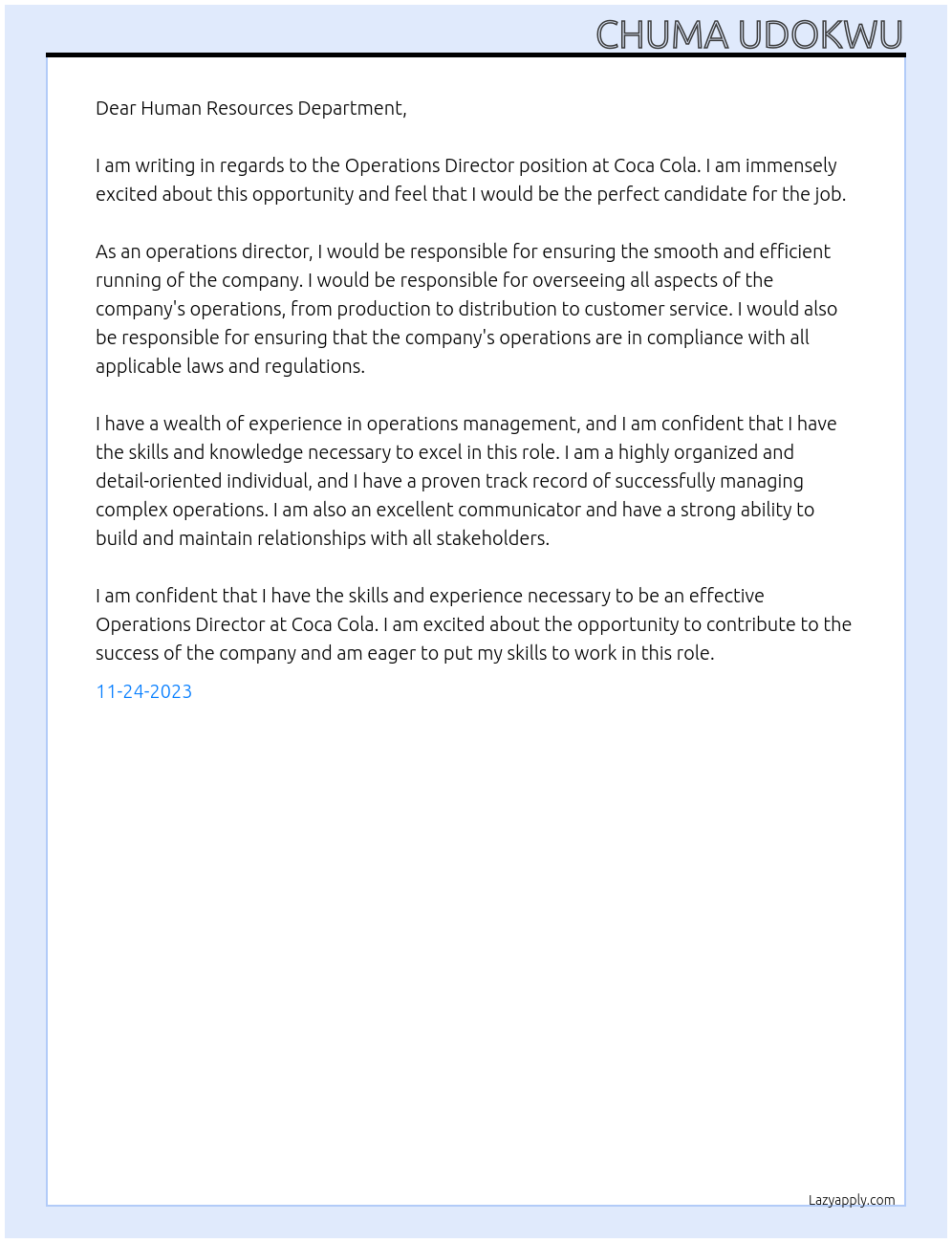 Operations Director At Coca Cola Cover Letter