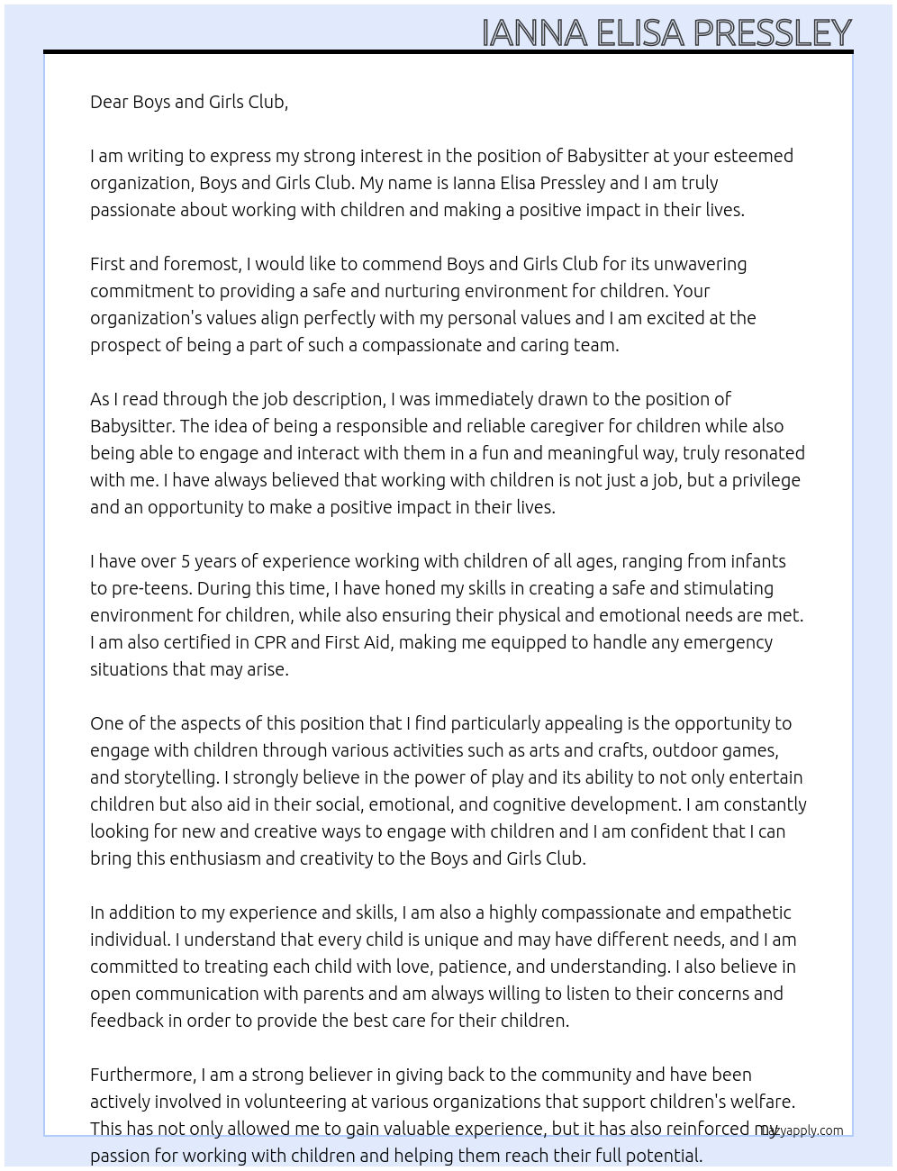 Babysitter At Boys and Girls Club Cover Letter