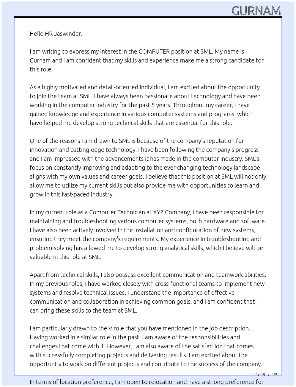 COMPUTER  At SML Cover Letter